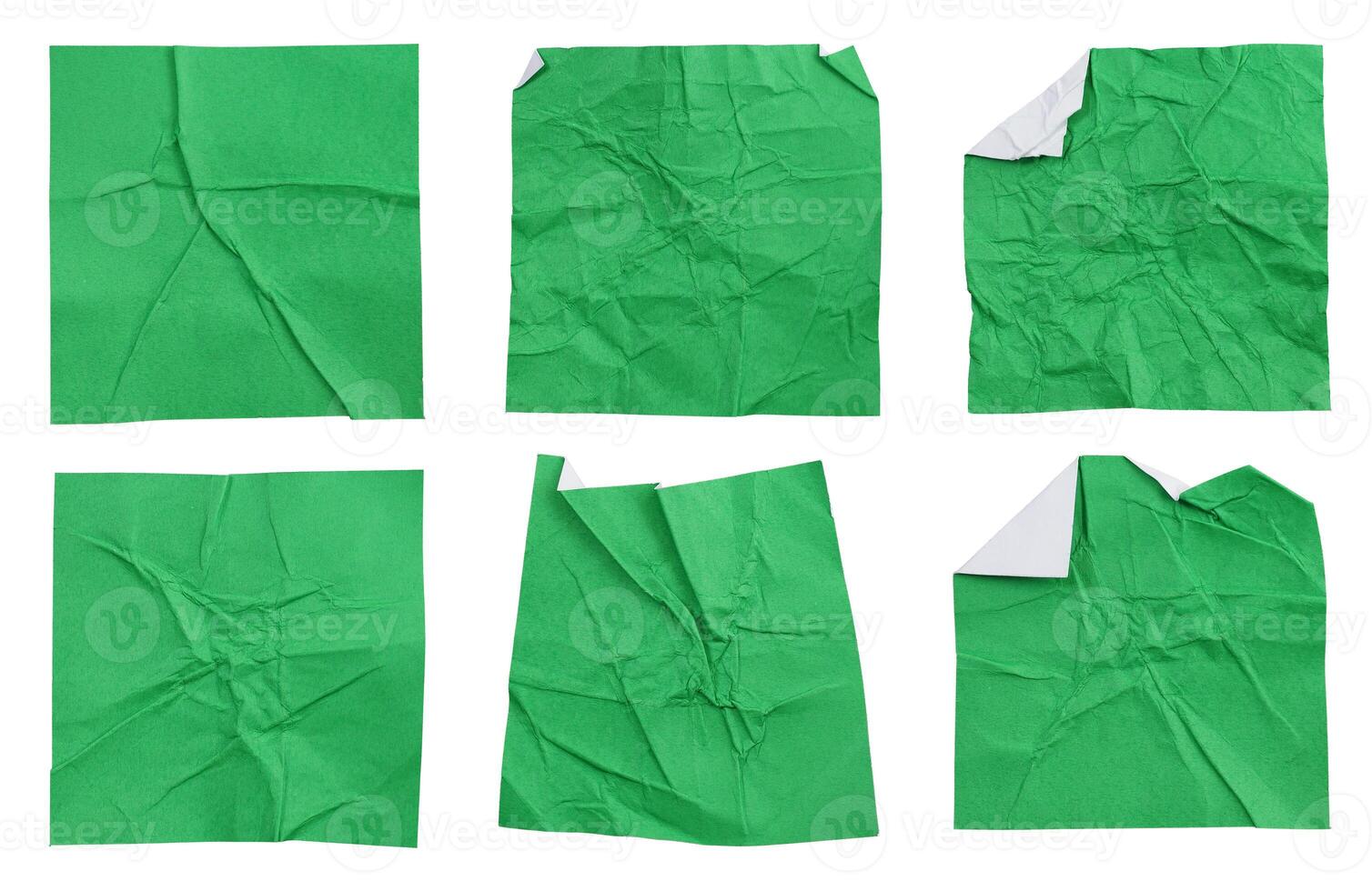 Set collection of blank crumpled green paper stickers in square shape isolated on white background photo