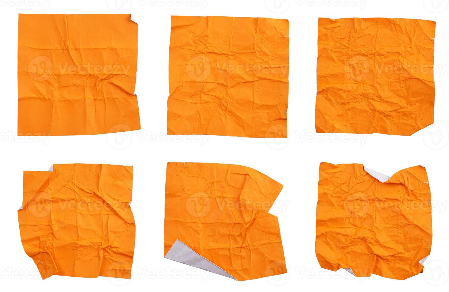 Set collection of blank crumpled orange paper stickers in square shape isolated on white background photo