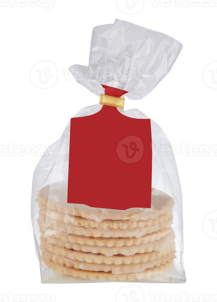 Crackers, crispy bread slices in a clear bag with a blank red label cut out isolated transparent background png