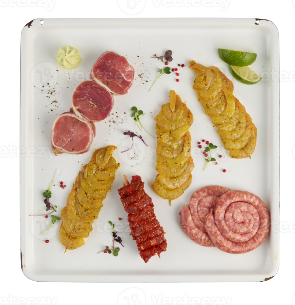 Set of sausages, pork, shrimp, skewers in a square plate food on plate cut out isolated transparent background png