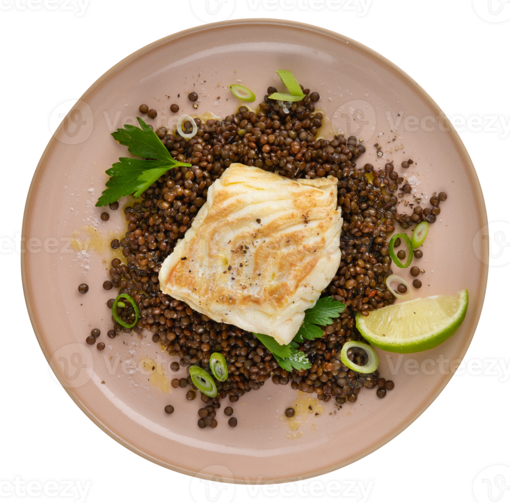Fish steak with beans on plate top view food on plate cut out isolated transparent background png