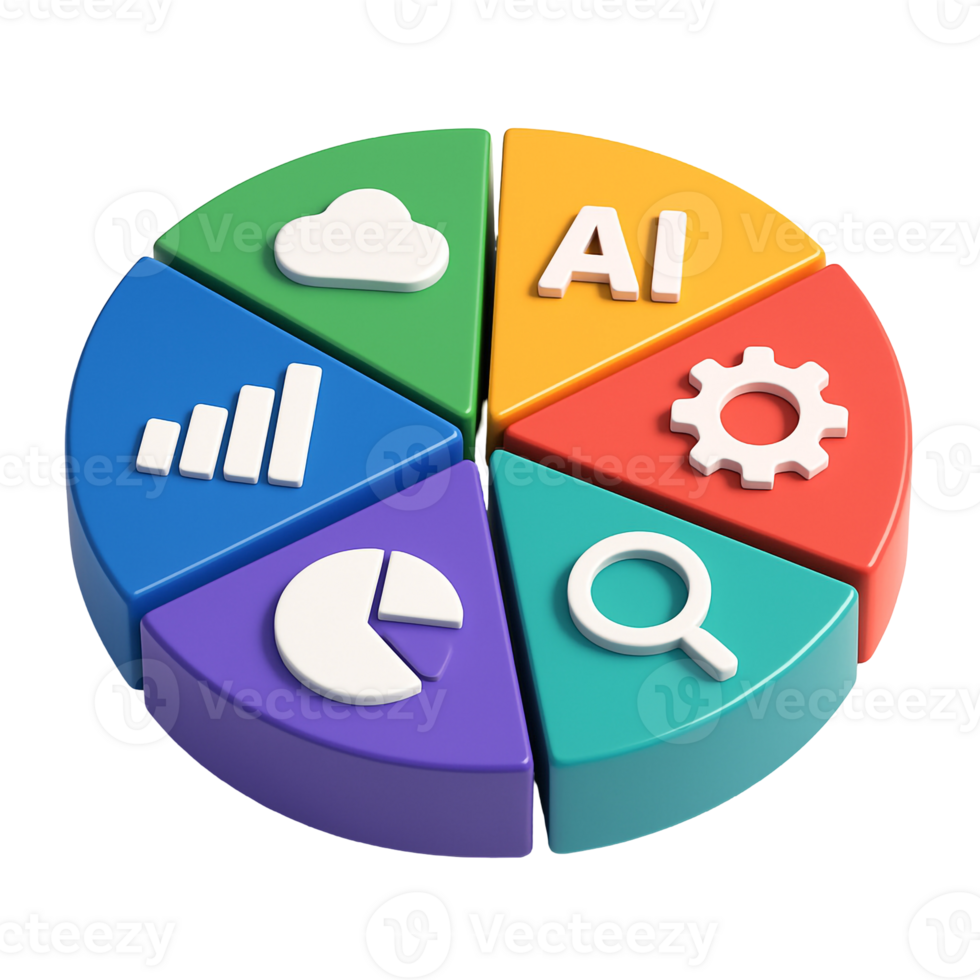 Colorful Plastic Pie Chart in 3D with Overlaid Icons for UI and Dashboard Design png