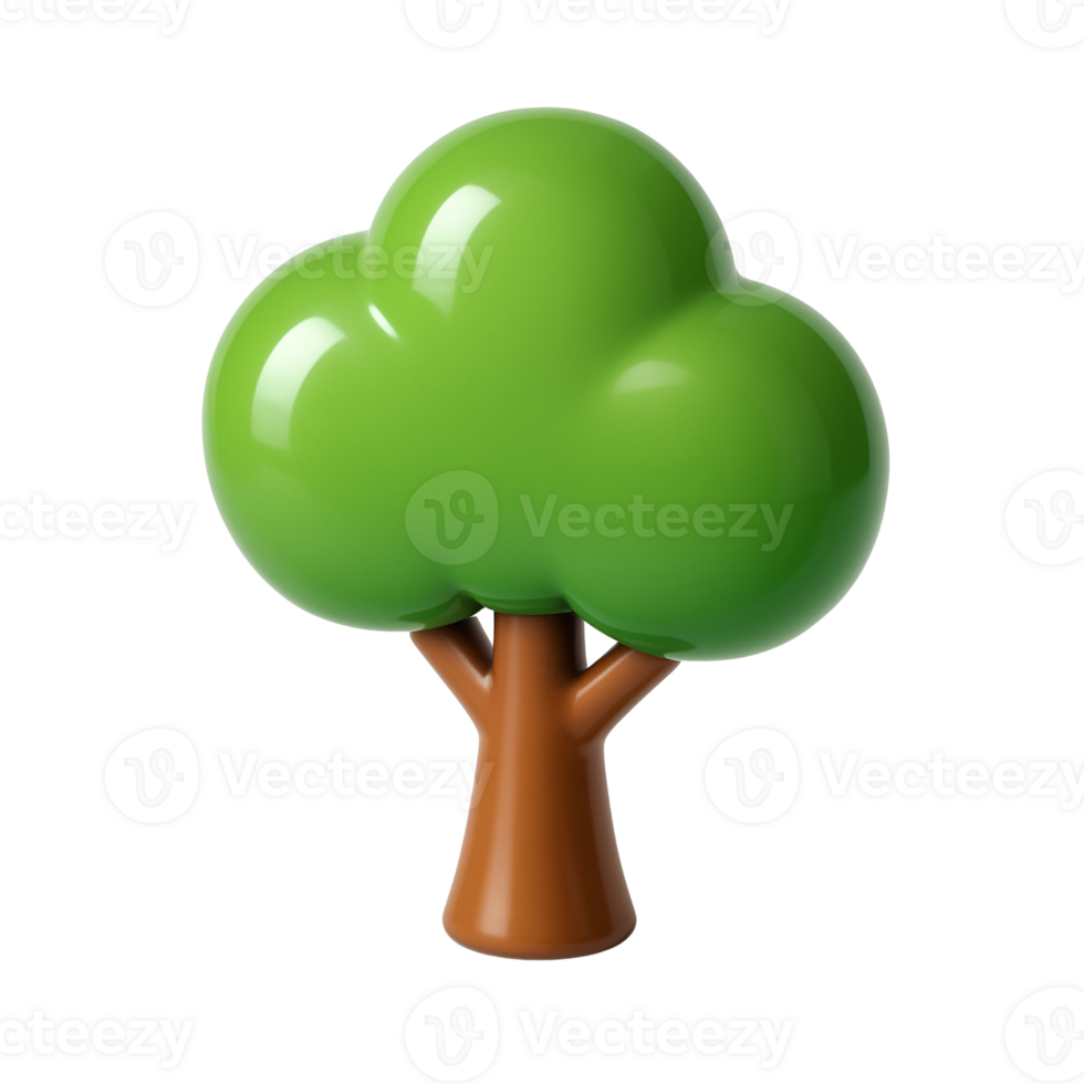 Polished 3D tree icon made of smooth green and brown plastic shapes, reflecting nature and environmental themes, rendered isometrically on white png