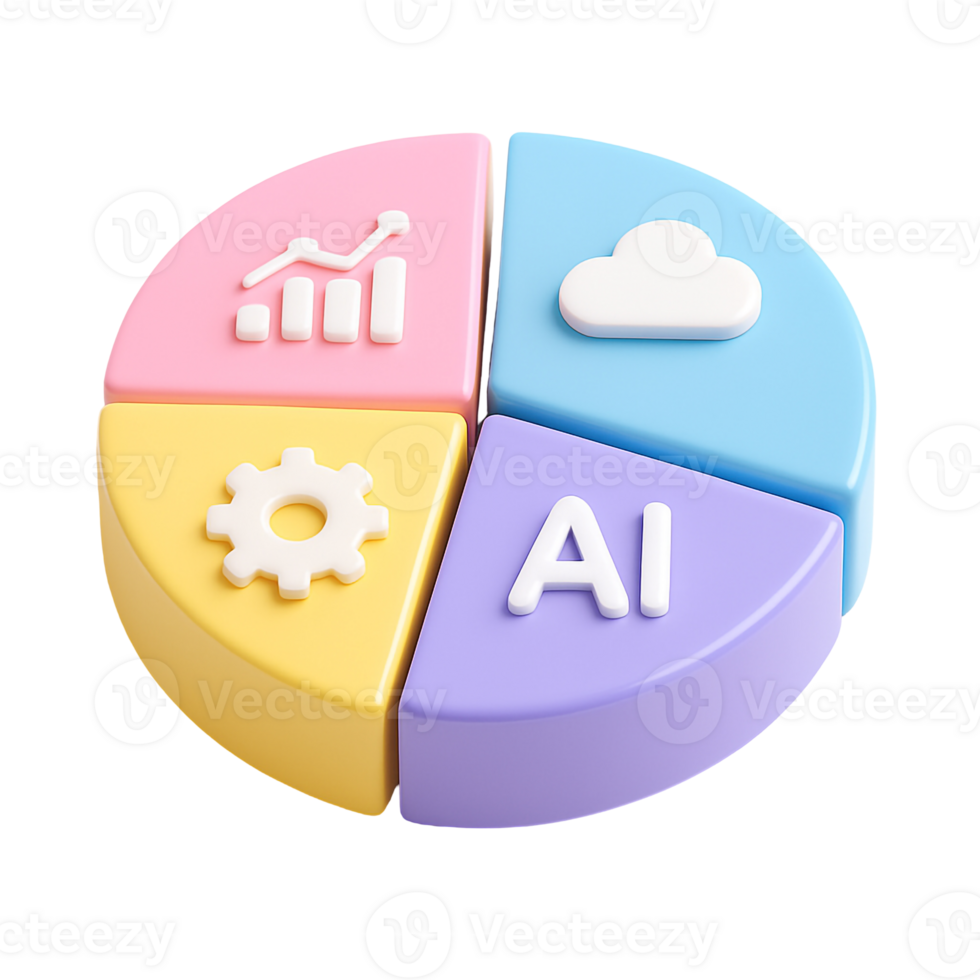 3D Isometric Pie Chart with Shiny Plastic Slices for Modern Analytics Dashboards png
