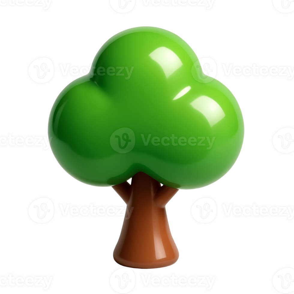 Bright green 3D tree with solid brown base, made from high-gloss plastic material, casting realistic shadows and soft reflections, eco branding concept png
