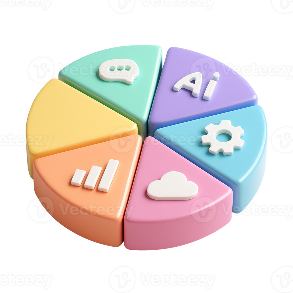 Shiny Plastic 3D Pie Chart with Gear, AI, and Cloud Icons for Business Analytics png