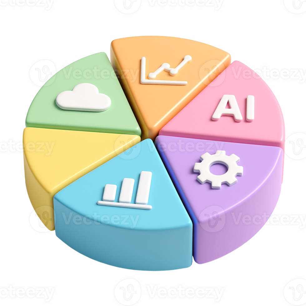 3D Glossy Plastic Pie Chart with Colorful Slices and Digital Tech Icons png