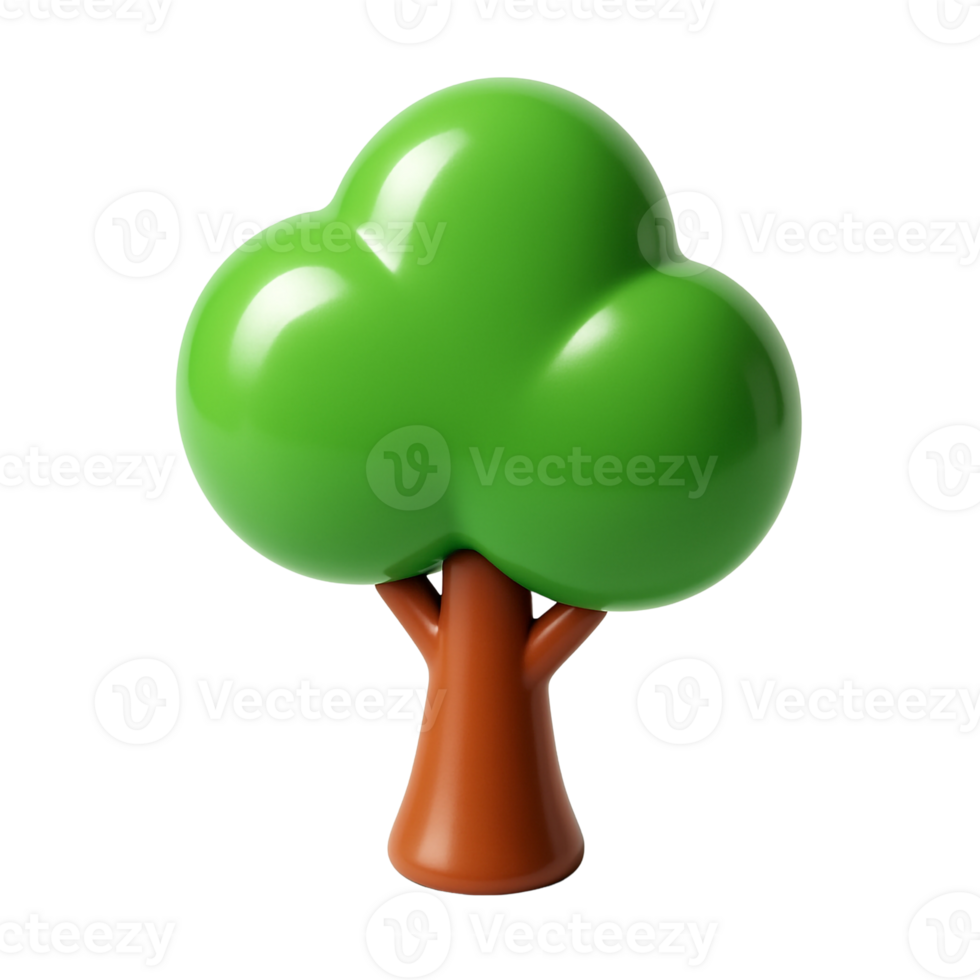 Minimal and vibrant 3D rendering of a high-gloss plastic tree, bright green top and brown base, for digital concepts around sustainability and innovation png
