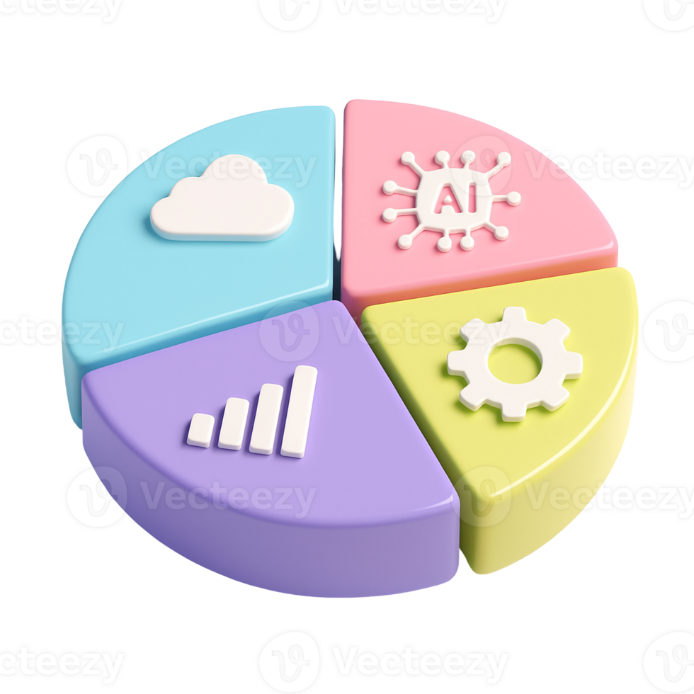 Glossy Multicolor 3D Pie Chart with Business Technology Icons png
