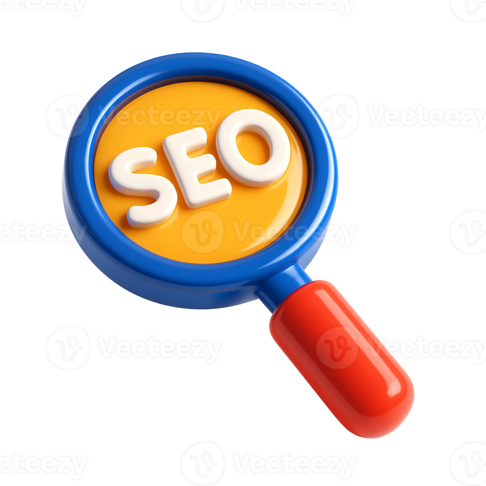 Isometric rendering of plastic search icon with SEO relevance png