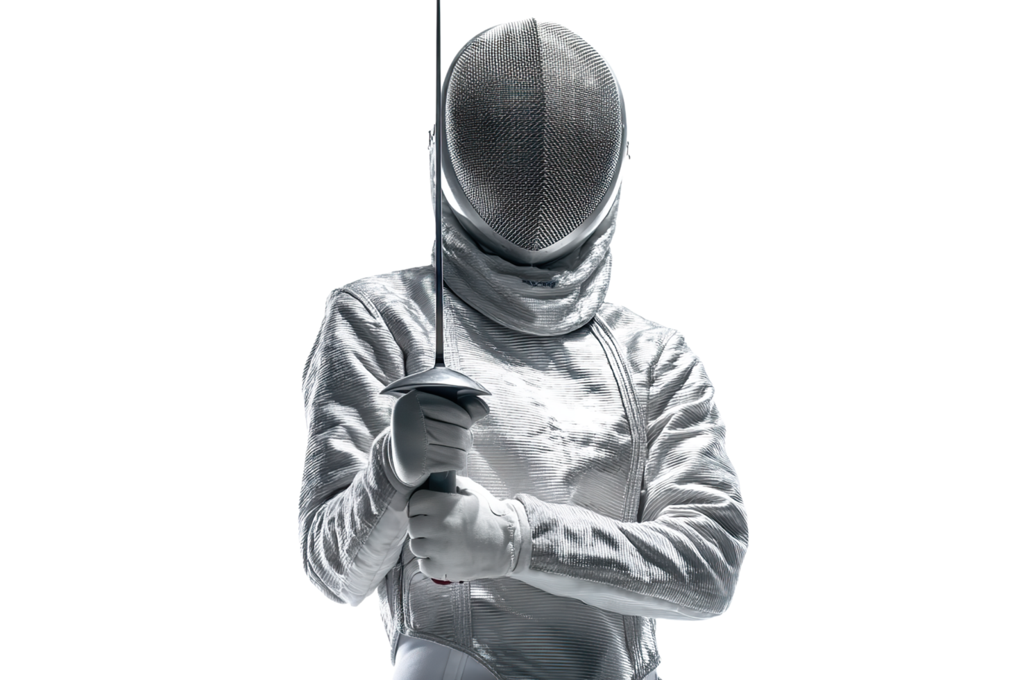 Fencer in uniform and mask holding a foil on transparent background. png