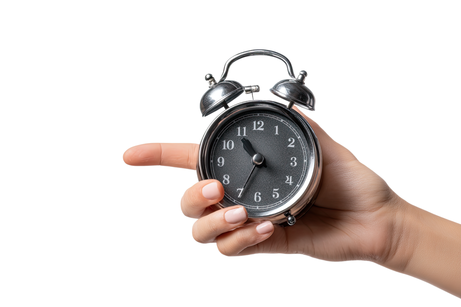Hand holding alarm clock on transparent background. png