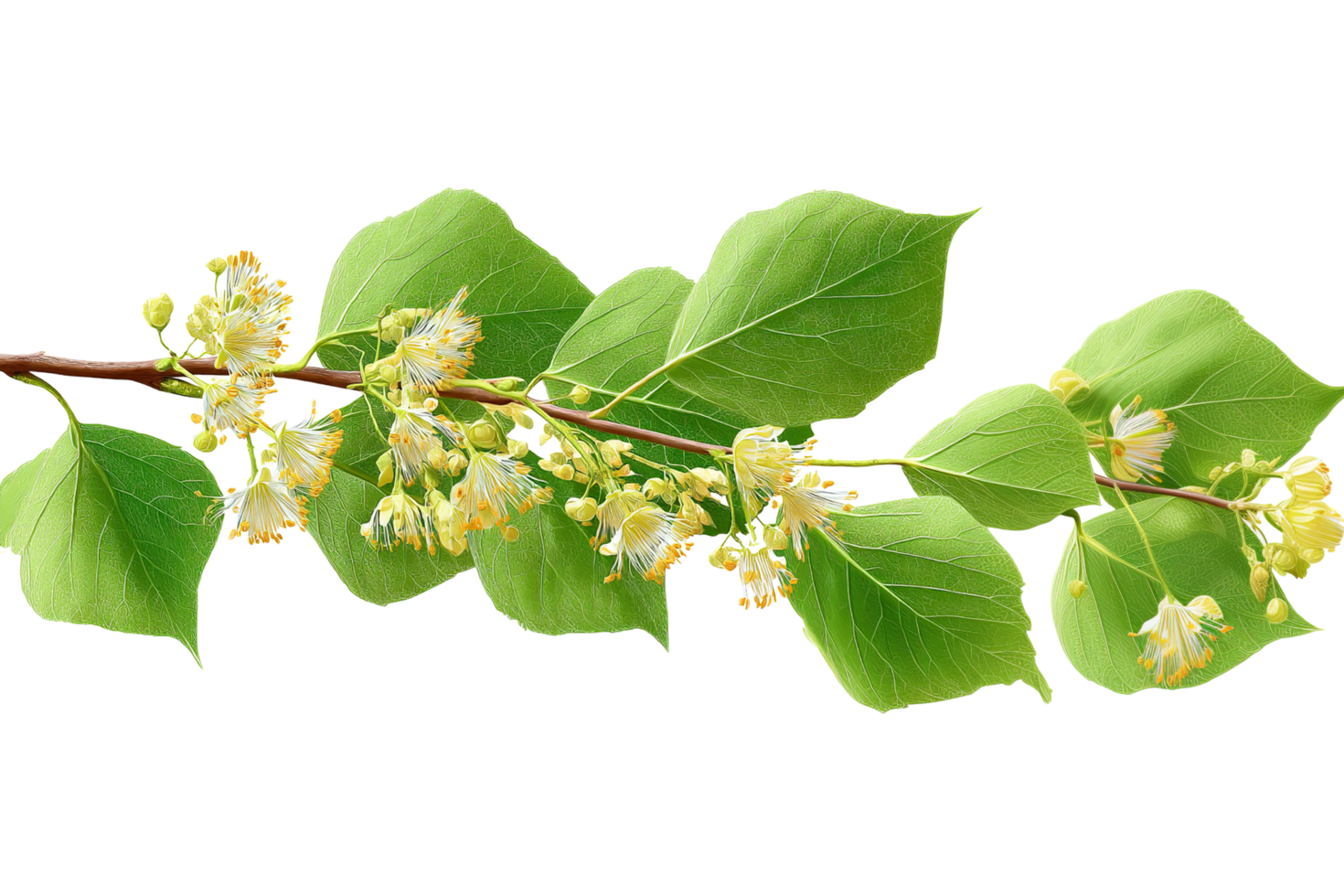 Branch of linden flowers with leaves on transparent background. png