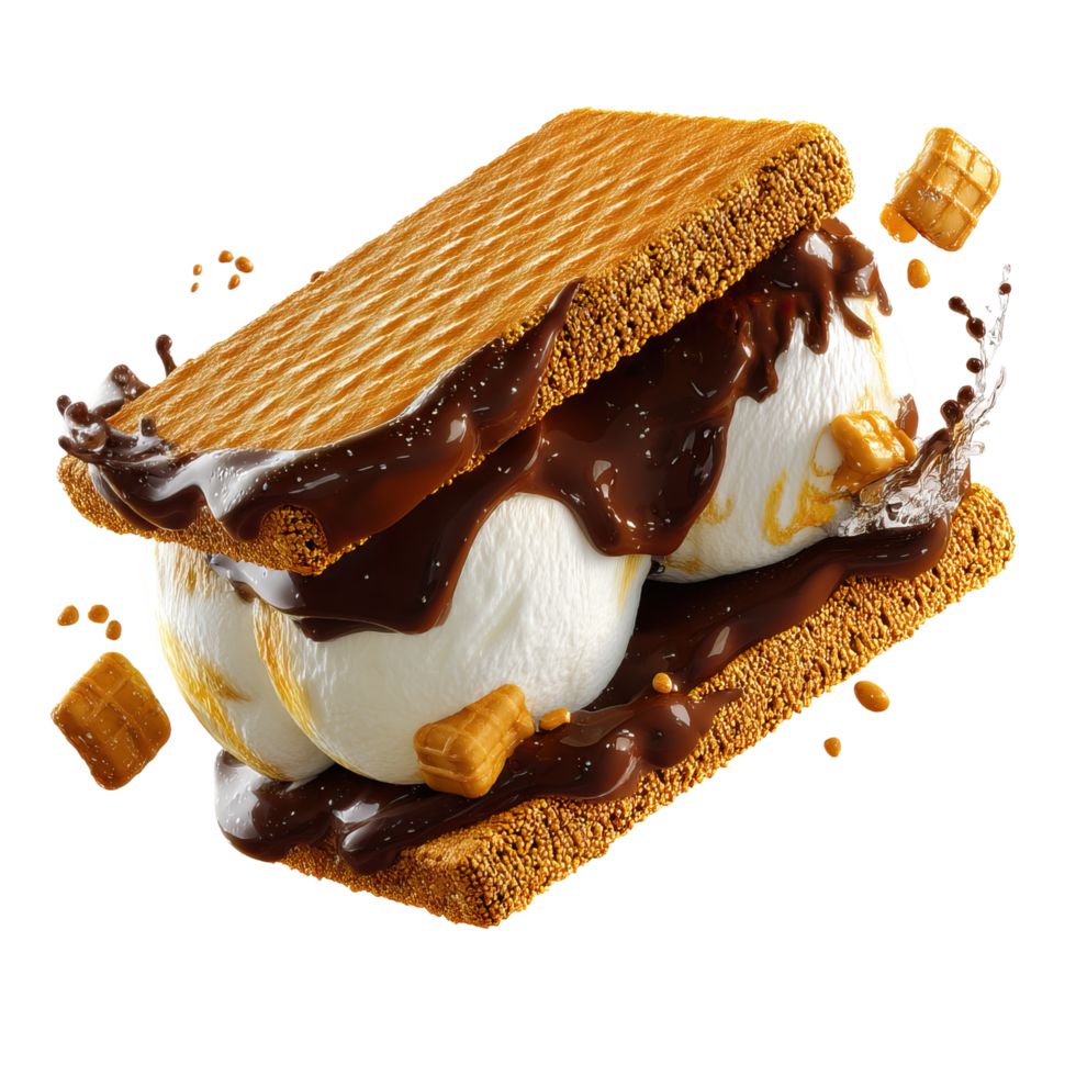 Ice cream sandwich with chocolate and wafer pieces on transparent background. png