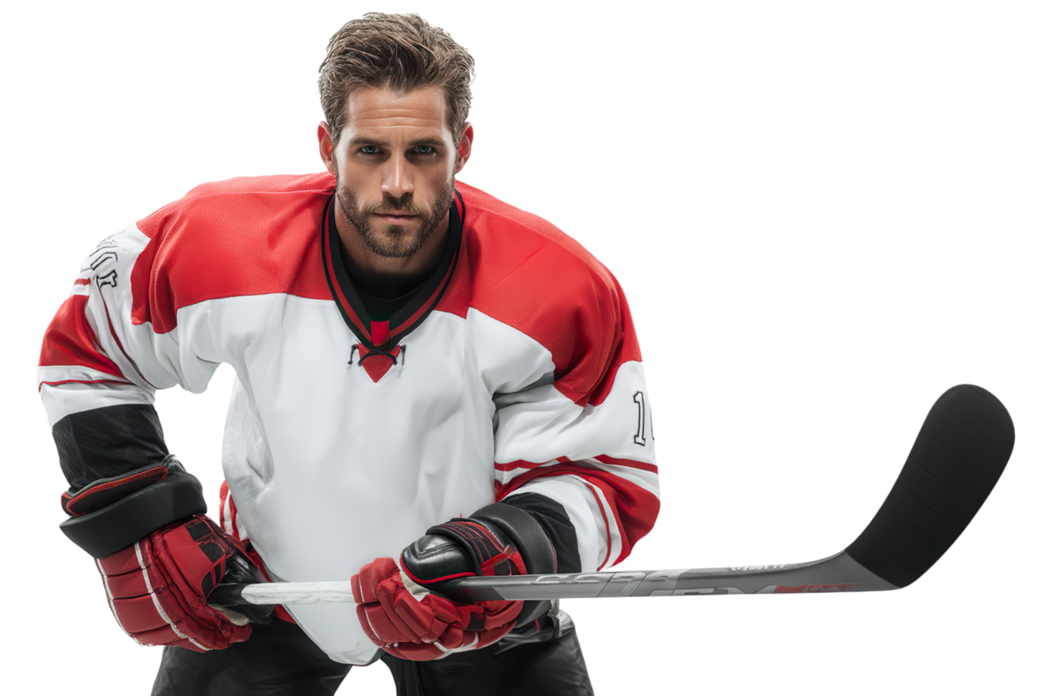 A hockey player holding a stick on transparent background. png