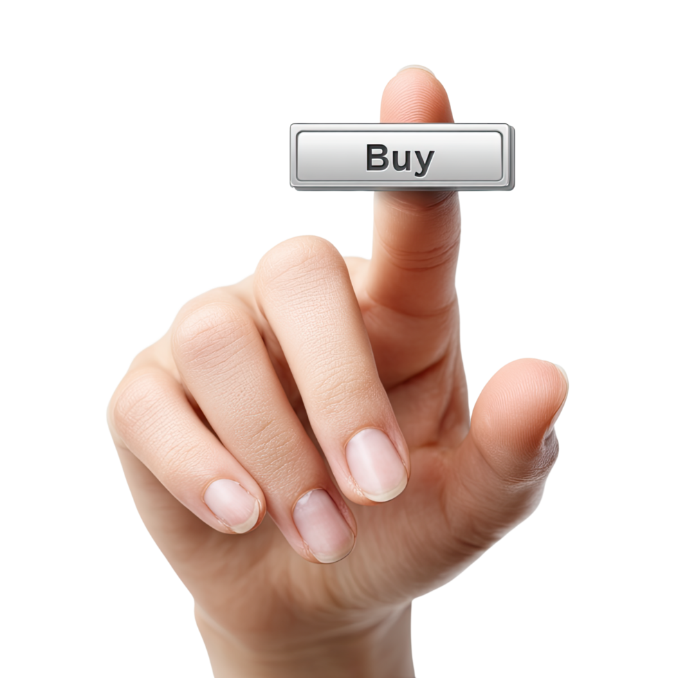 A hand pressing a Buy button on transparent background. png