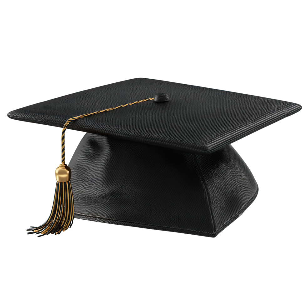 Black graduation cap with gold tassel on transparent background. png