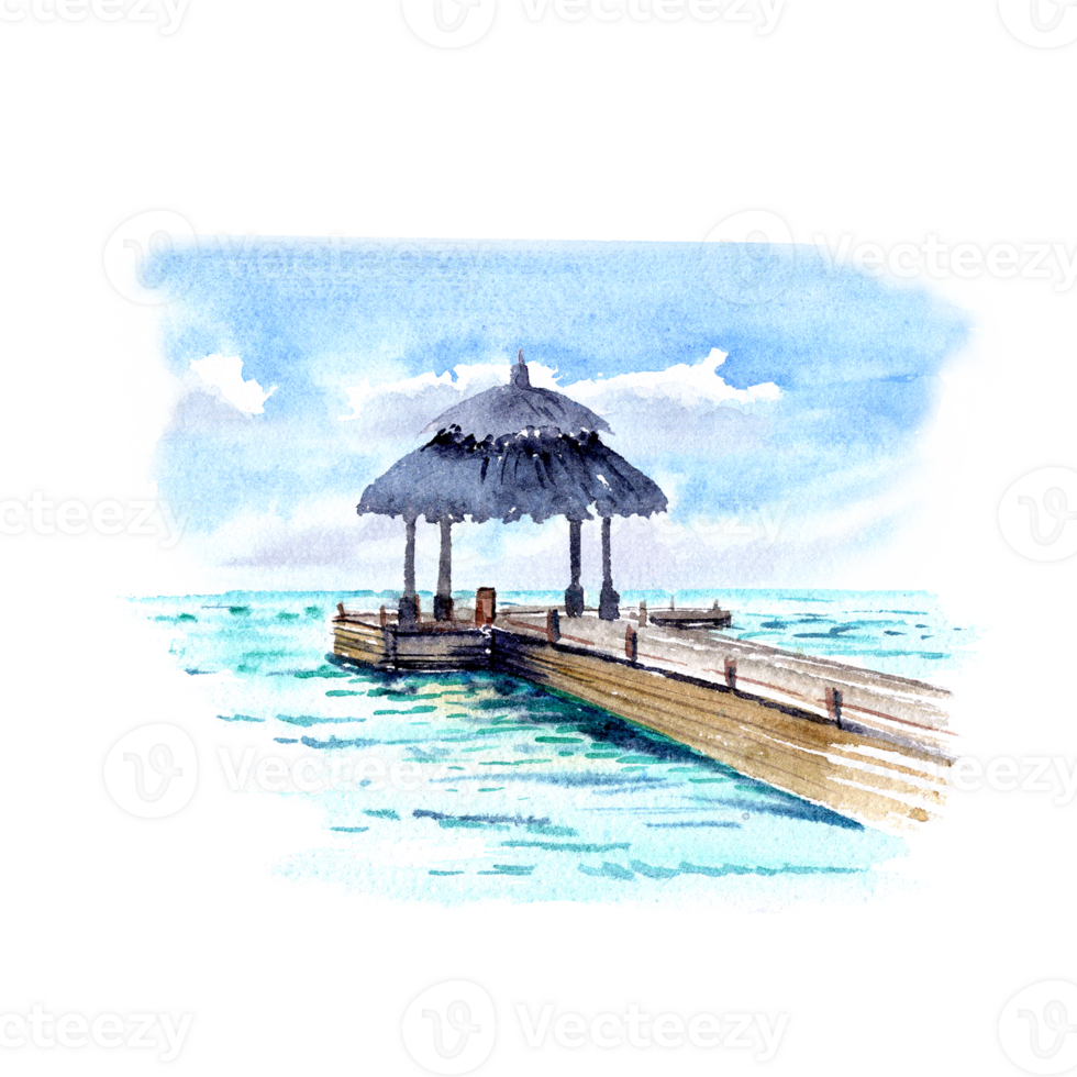 Watercolor image The Pier in the tropic sea png