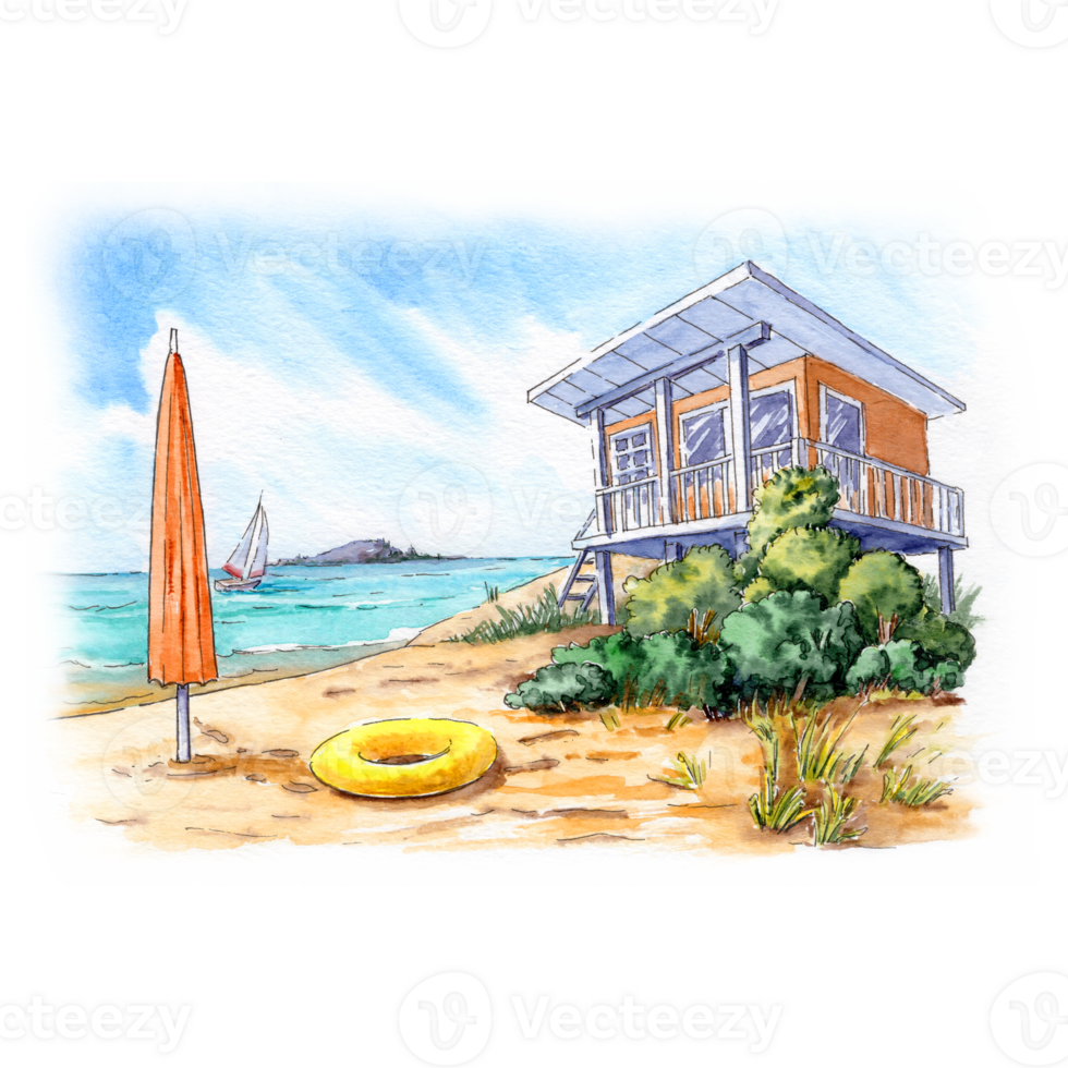 Summer resort house on the beach. Beach umbrella and yellow inflatable lifebuoy on the sand png