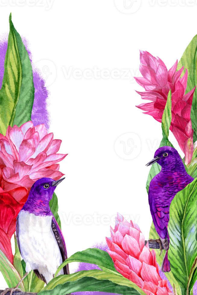Vertical greeting card with Jungle thickets and violet birdies png