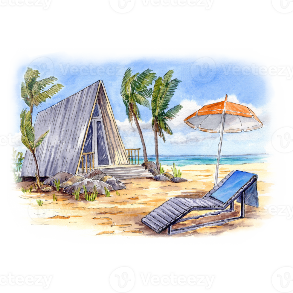 Beach Hut near the sea. Beach umbrella and lounger on the sand png