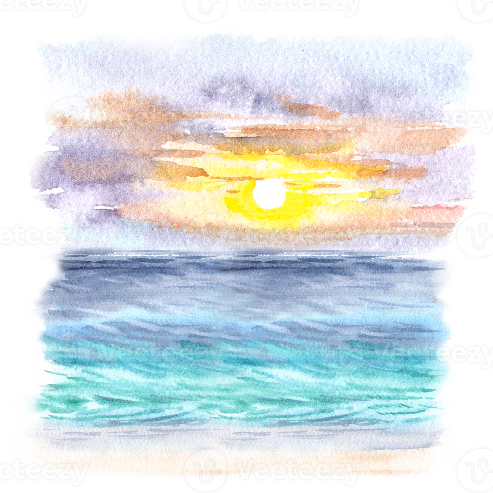 Watercolor image turquoise sea and Sunset sky png