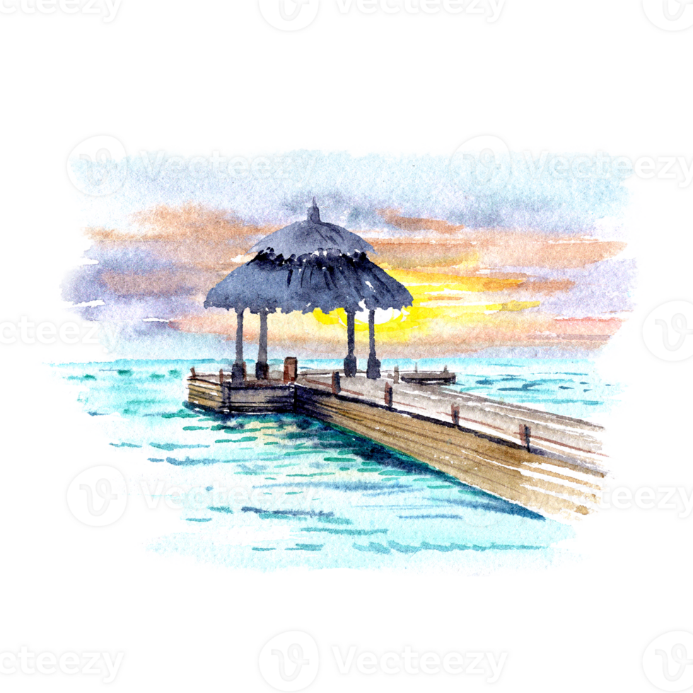 Hand drawn image the Pier in the tropic sea with sunset png