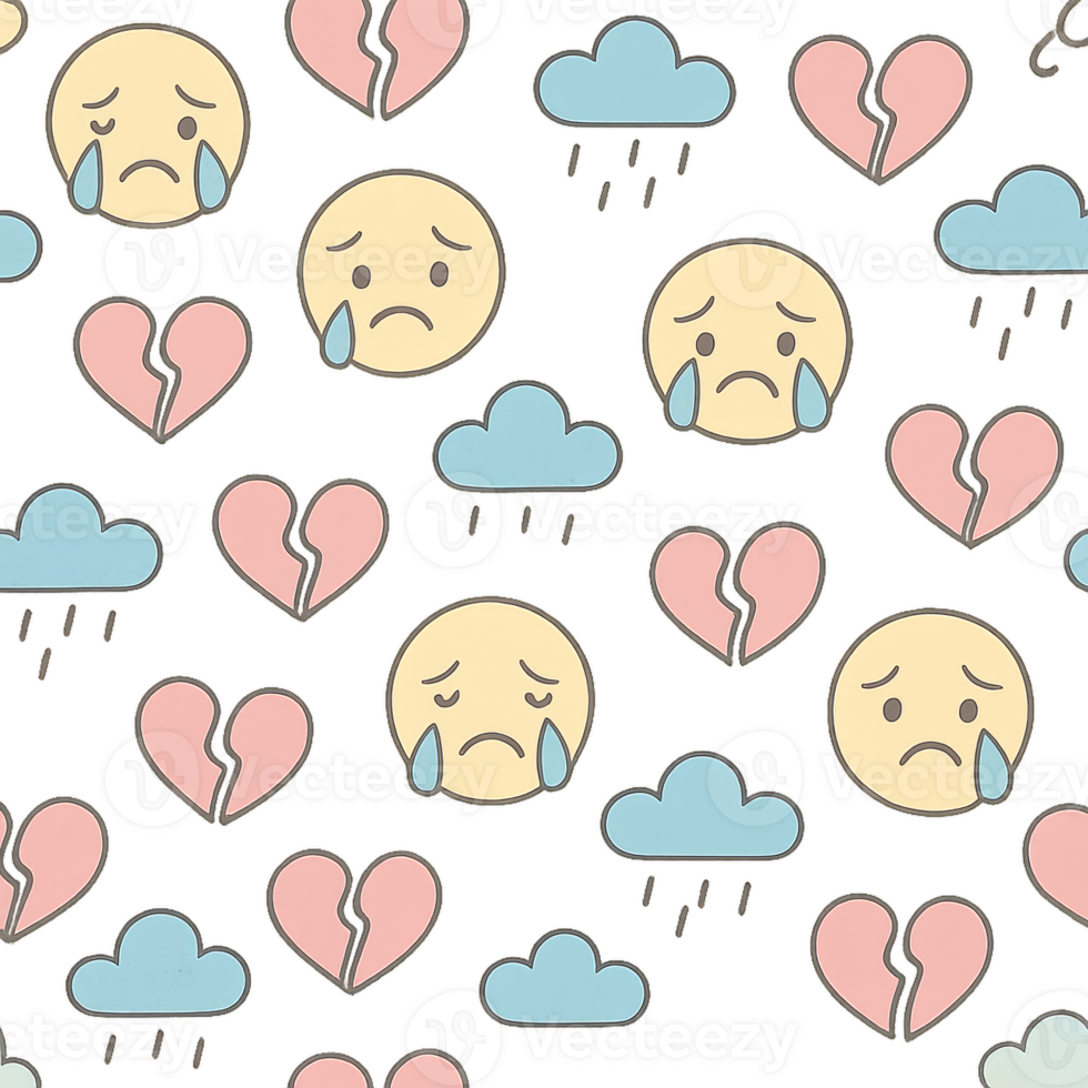Cute emotion faces and hearts pattern, sad and happy mood icons png