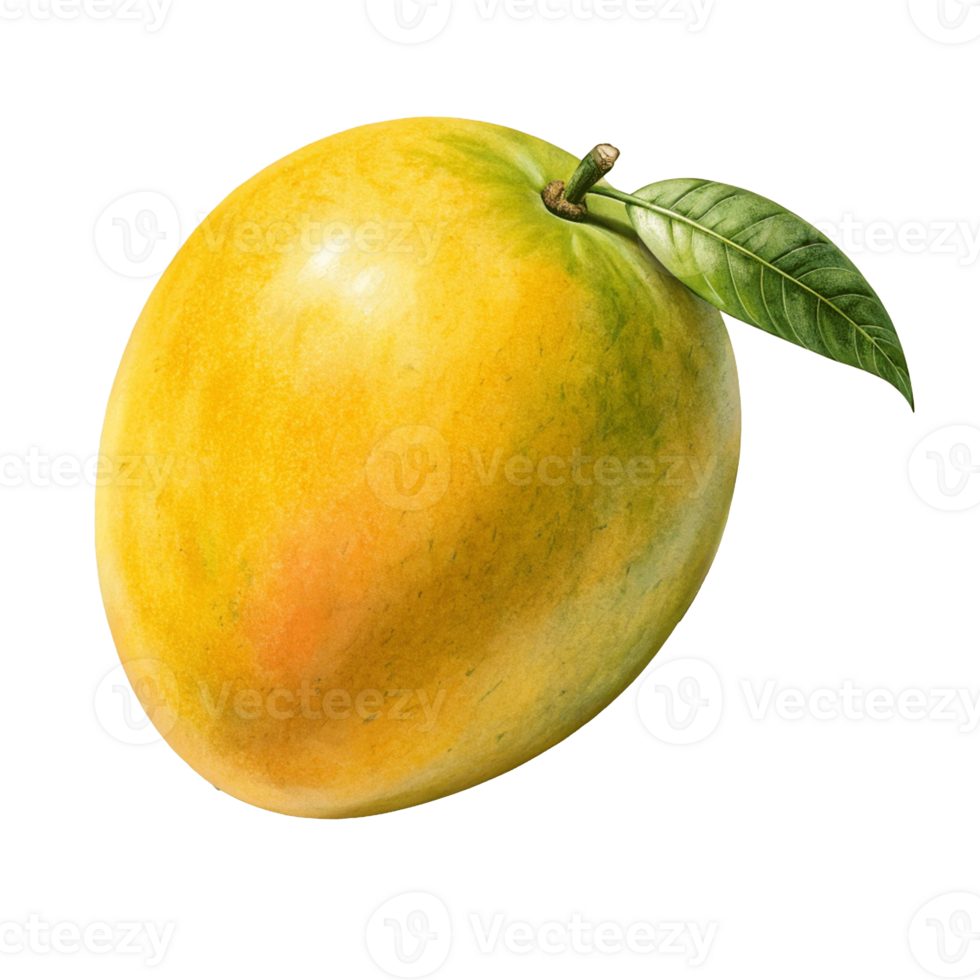 Ripe yellow mango with leaf isolated on transparent background png