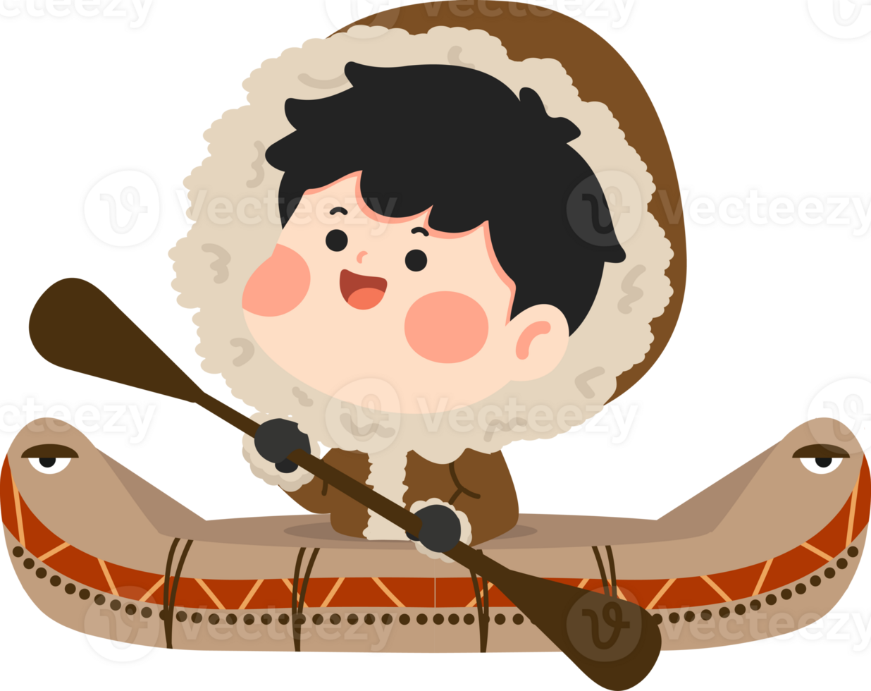 A cartoon boy in a canoe with a fur coat png