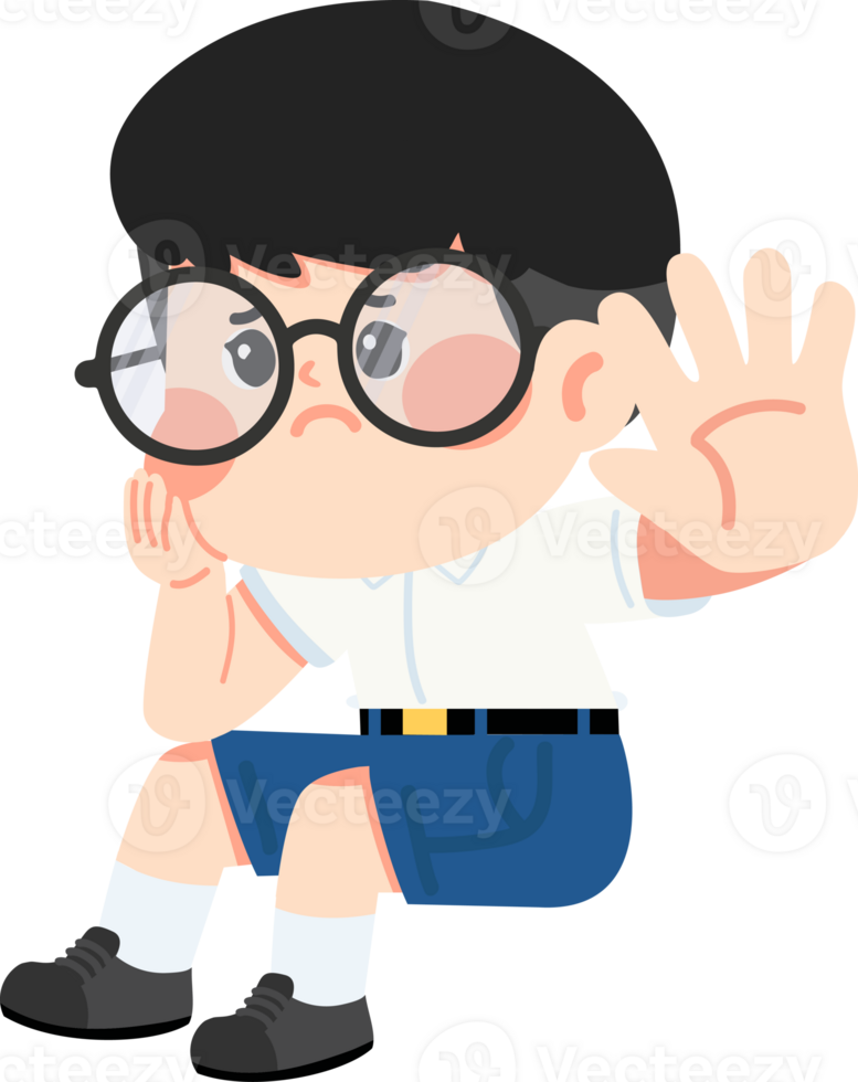 A cartoon boy with glasses sitting on the ground png