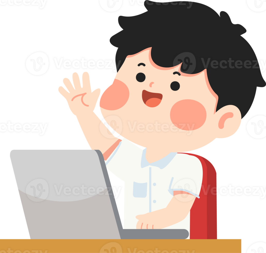 A boy is sitting at a desk with his hand up png