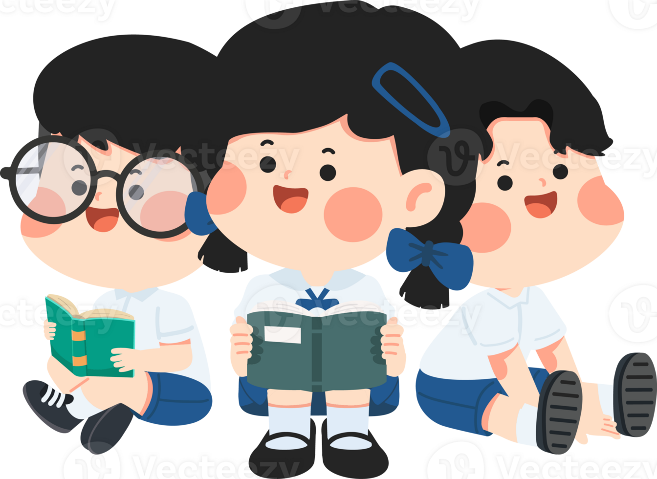 Three children in school uniforms reading books png