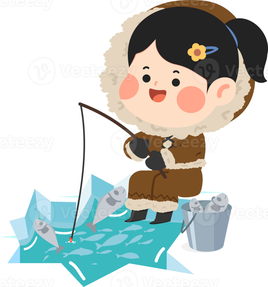 A cartoon girl in a fur coat fishing png