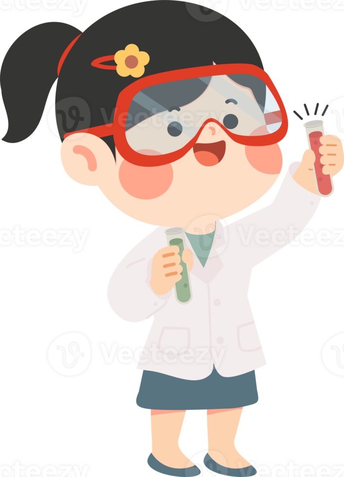 A cartoon girl in a lab coat holding a test tube png