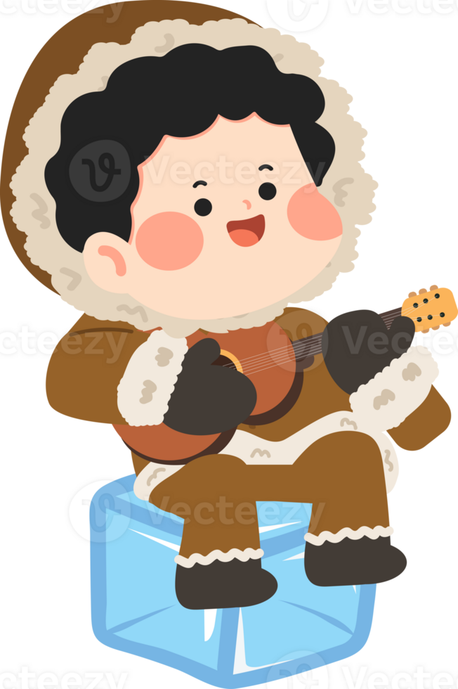 A cartoon boy playing the guitar on an ice cube png