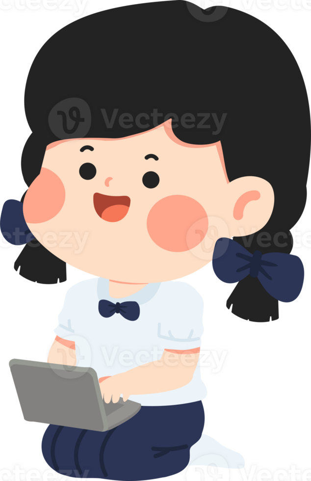 A cartoon girl sitting on the floor with a laptop png