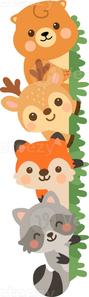 Cartoon animals in a row with grass png