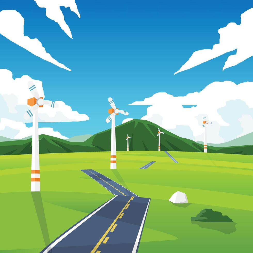 Wind turbines in green landscape vector