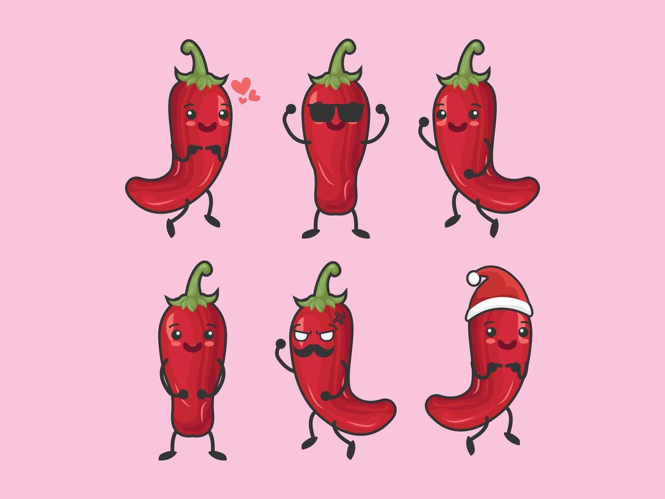 a set of red hot peppers with different expressions vector