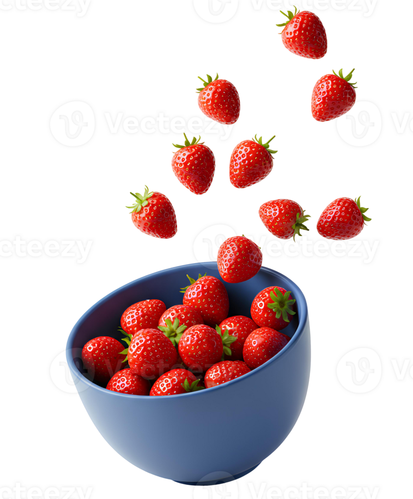 bowl of strawberries . Strawberry bowl isolated. Strawberries fruit falling down into blue ceramic bowl isolated on transparent background png