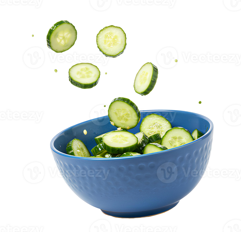 sliced cucumbers in blue ceramic bowl isolated on transparent background for fresh summer salad and healthy eating visuals. cucumber salad with sesame seeds in blue bowl isolated for vegan food png