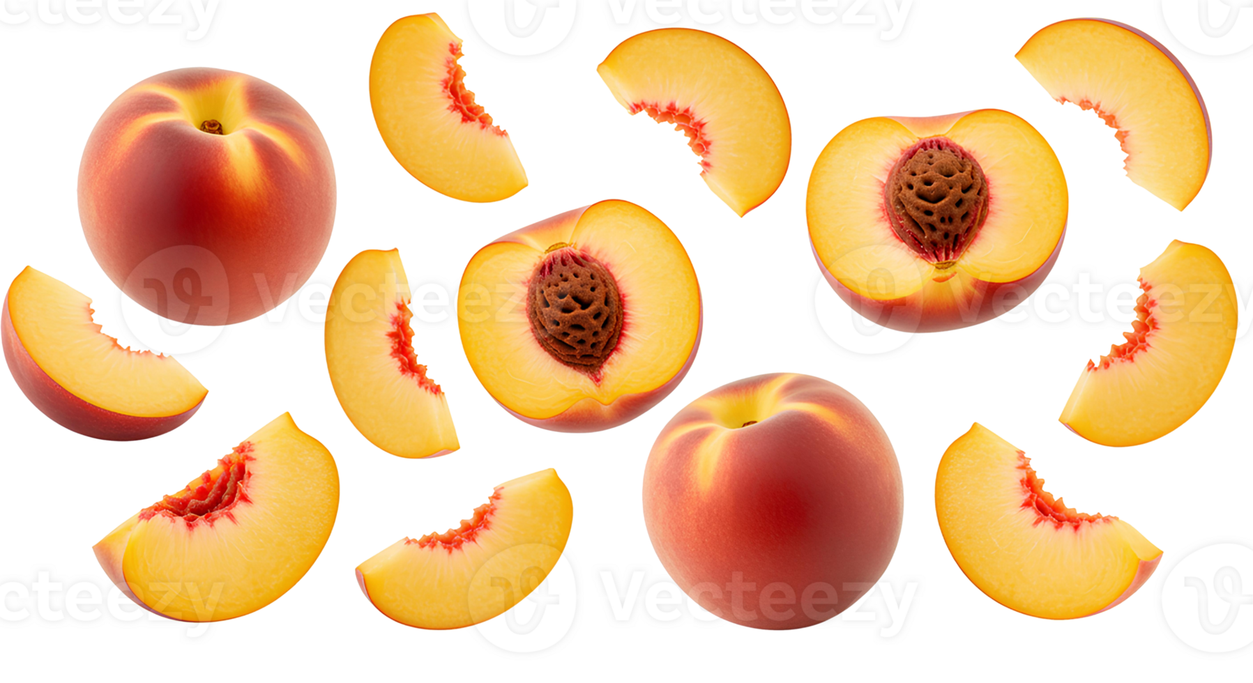 Juicy and ripe peach slices flying down with whole peaches isolated on transparent background for fresh food design, fruit packaging, and organic lifestyle png