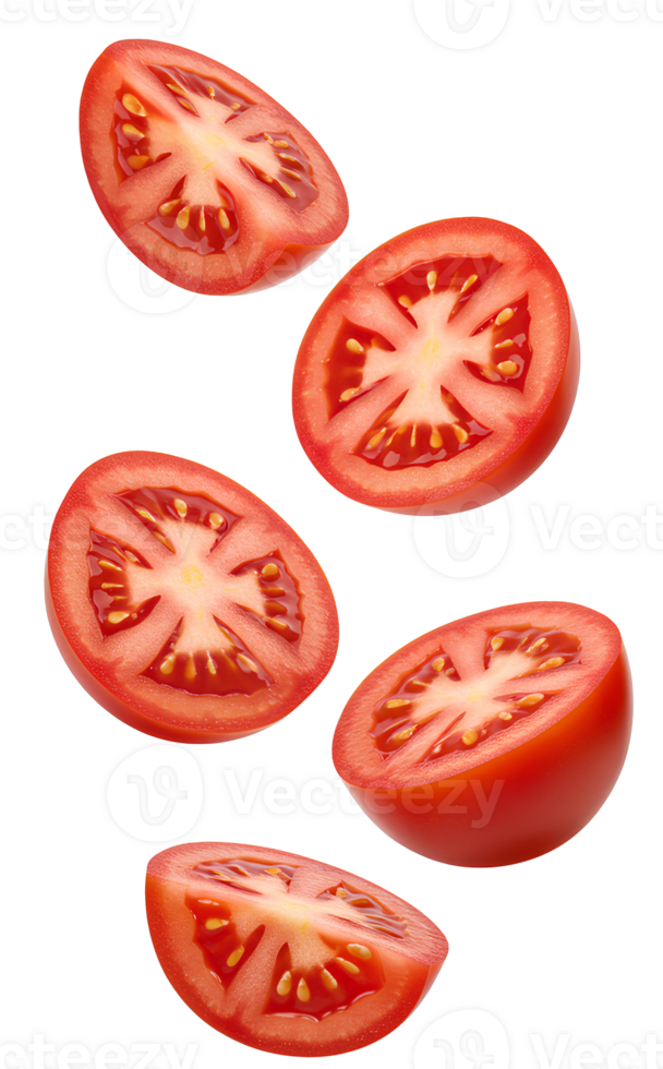 Fresh tomato slices and whole tomatoes flying isolated on transparent background perfect for healthy cooking and summer vegetable visuals. Organic tomato pieces and whole red tomatoes suspended png