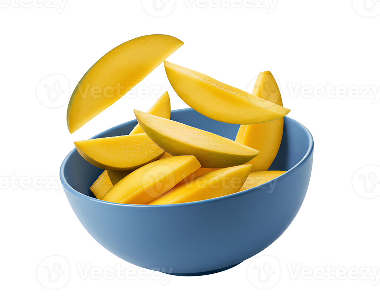 Bowl of ripe mango slices with falling fruit for tropical dessert visuals and plant-based diet designs. Mango fruit pieces dropping into bowl. Isolated image of mango chunks png
