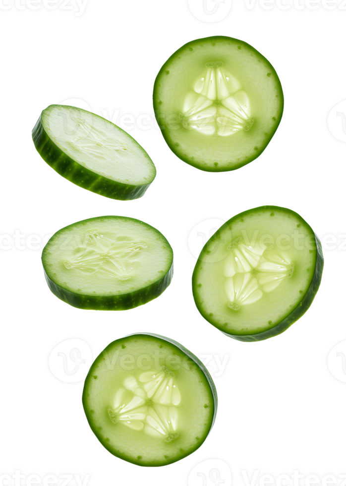 Green cucumber pieces and whole vegetables flying and scattered in air for hydration, skincare, and summer freshness designs. Cucumber slices floating down isolated for food design png