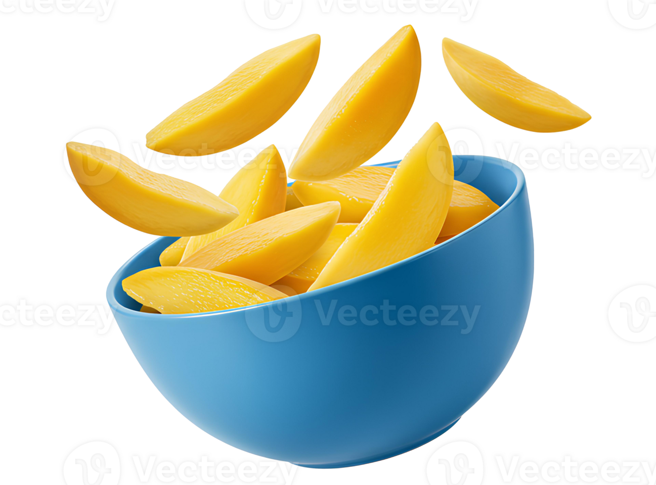 Fresh mango slices falling into fruit bowl for tropical food, smoothie, and summer snack visuals. Juicy mango chunks tumbling into bowl isolated for vegan recipe content, fruit salad designs png