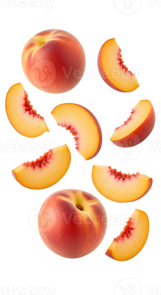 Fresh peach slices and whole peaches falling down with transparent background for organic fruit visuals, healthy snacks, and summer food concepts png