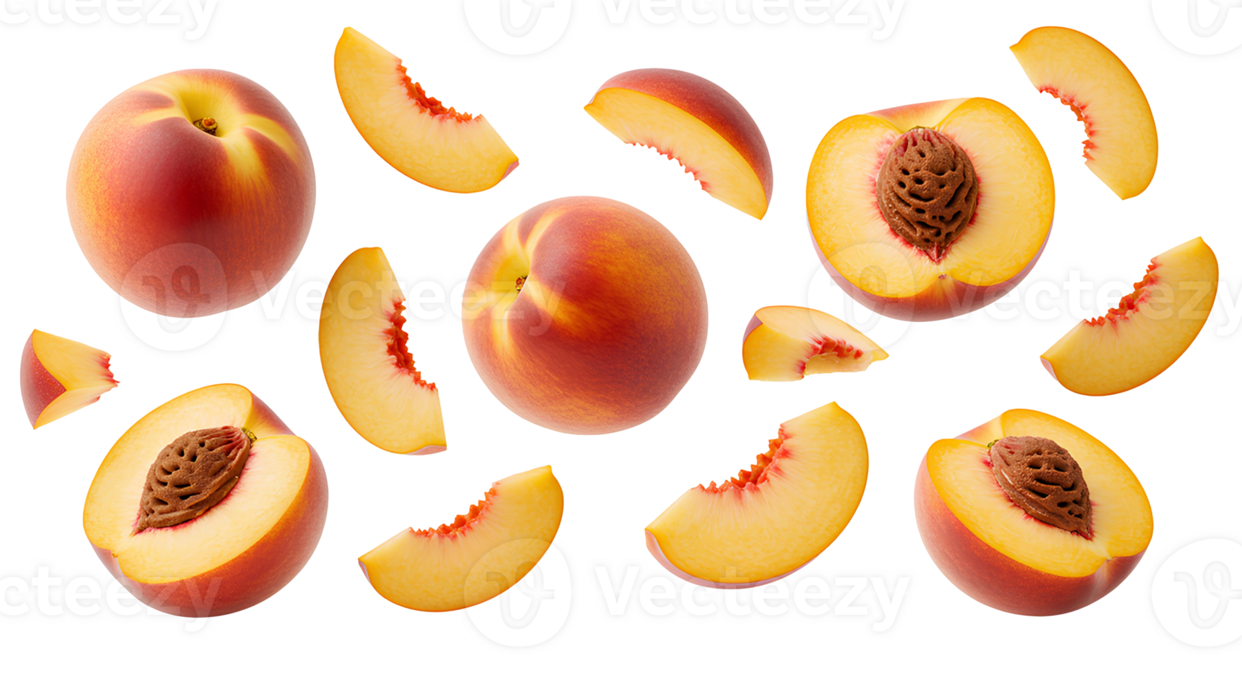 Flying peach fruit slices and scattered whole peaches isolated on transparent background for vegan nutrition, juicy fruit design, and seasonal health themes png