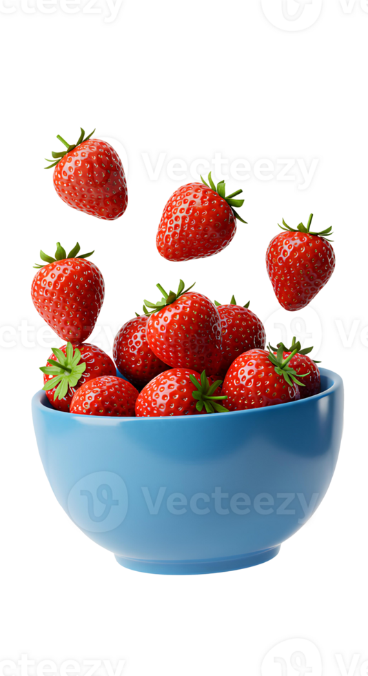 Ripe strawberries falling down into ceramic bowl for breakfast visuals and clean eating content. Fresh strawberry fruit pieces dropping into stylish blue bowl for plant-based snack promotions png